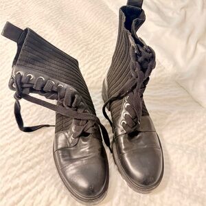 Black Lace-Up Knit Ankle Boots